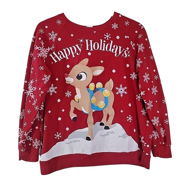 Rudolph the Red Nosed Reindeer Sweatshirt Red Snowflakes Holiday Pullover L/XL F - Picture 1 of 6